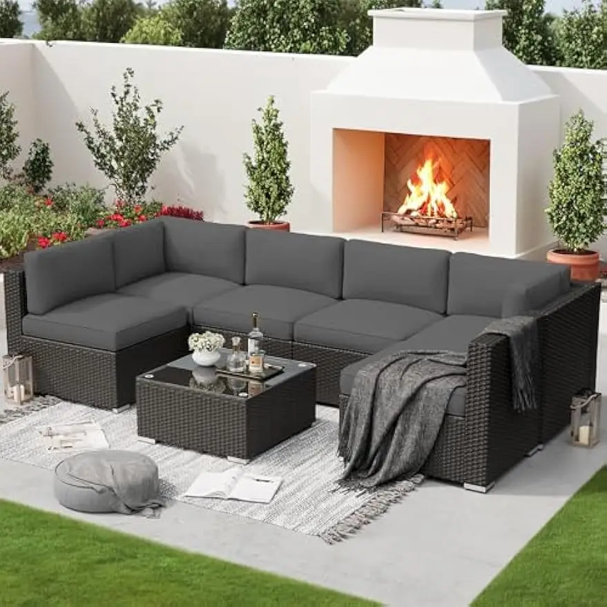 7PCS Outdoor Patio Furniture Set, Black Brown Rattan Sectional Conversation Set, Modular Sofa Set w/ Coffee Table, Grey Cushion