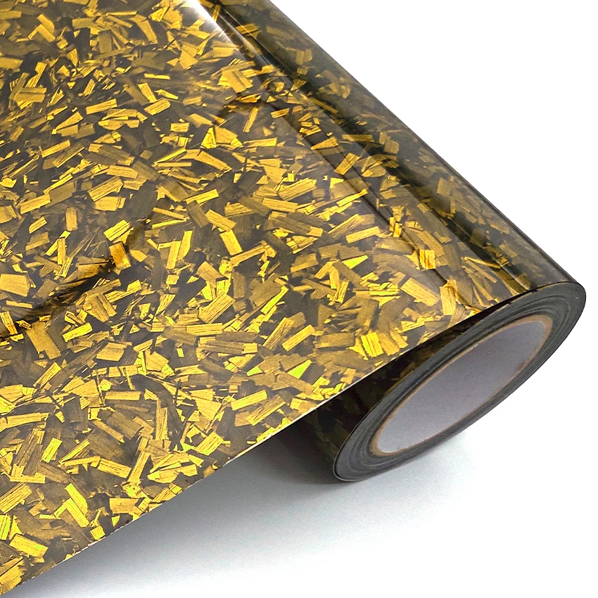 Vinilo Adhesivo PET Súper Brillante Amarillo Efecto Carbono Forjado, Adhesivo Universal para Modificación de Carrocería de Coche y Motocicleta