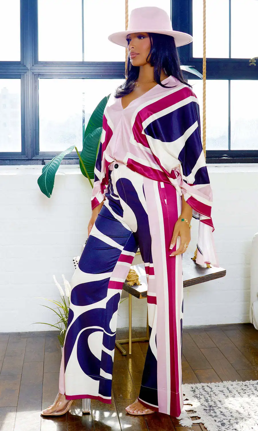 2025 패션 프린트 여성 세트 배트윙 긴팔 상의와 와이드 레그 팬츠 슈트 캐주얼 투피스 세트 스트릿 루즈핏 의상