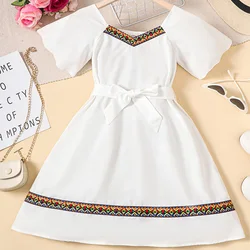 Summer Cute Girl Irregular Sleeves Geometric Pattern Princess Dress Children's Birthday Party Girl Detachable Belt A-Line Dress