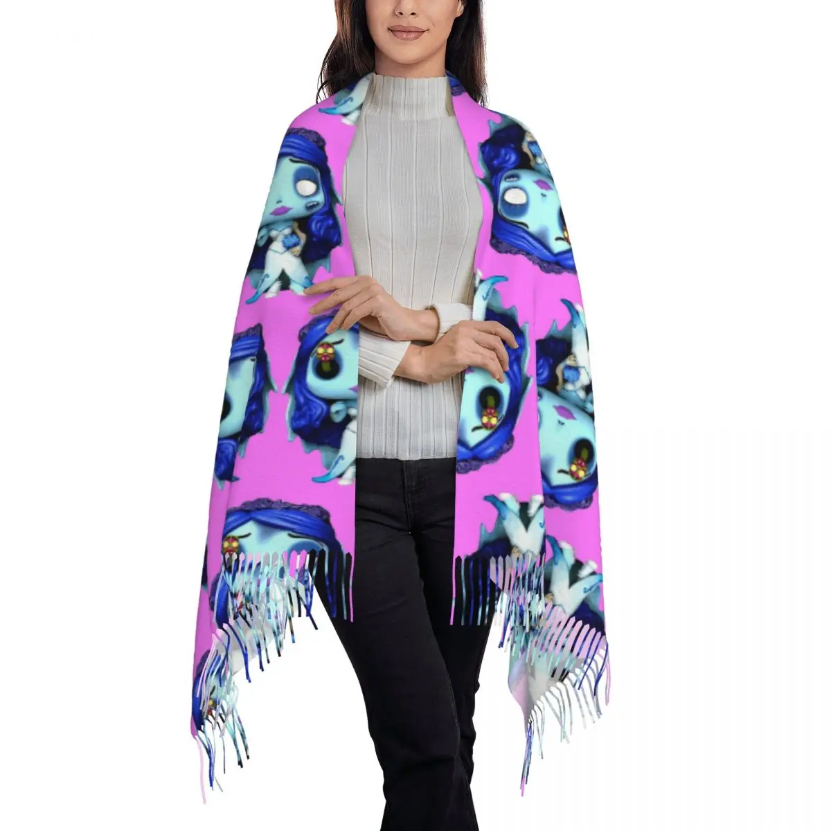Halloween Film Corpse Bride Ghost Tim Burton Scarf Tassel Scarves for Women Soft Warm Shawls and Long Fall Winter Shawl Wraps