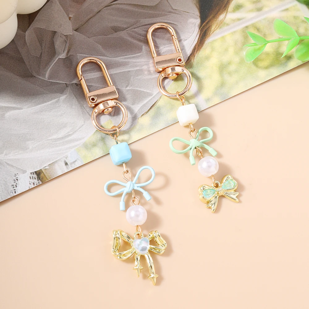 Aihua لطيف Y2K اللؤلؤ Bowknot سلاسل المفاتيح للنساء حلقات المفاتيح الفتيات Kawaii ظهره قلادة شريط لتعليق الهاتف المحمول سلسلة مجوهرات هدايا