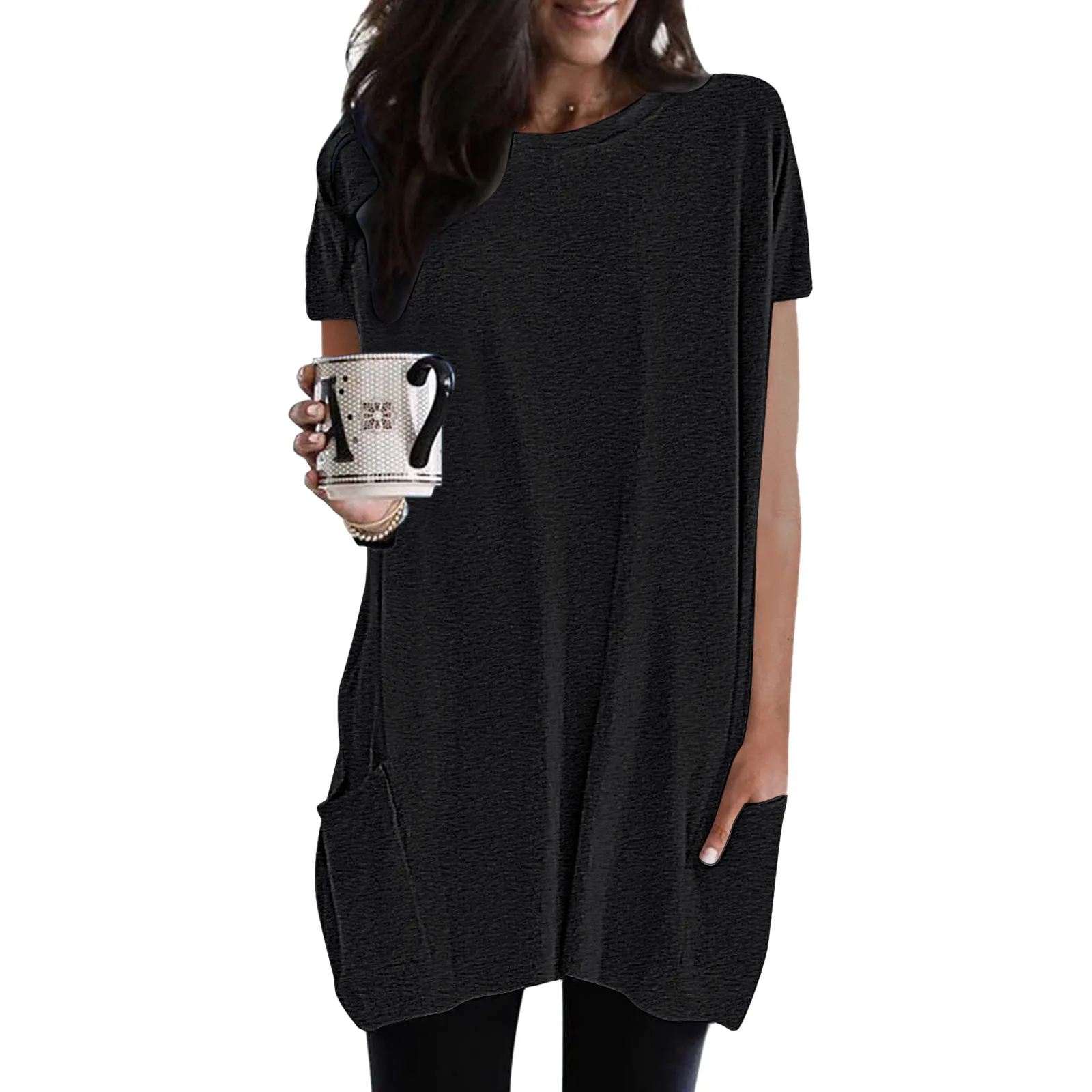 Women Long T-Shirts Summer Casual Solid Loose Pullover Crewneck Shirts Short Sleeve Tunic Tops Blouse With Pockets Lady Pullover