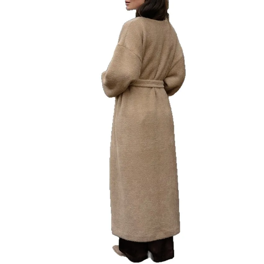 الخريف المرأة فو المنك سترة بلون الدانتيل يصل الخصر حزام معطف لسيدة مترهل نمط طويل الإناث سترة صوفية #5