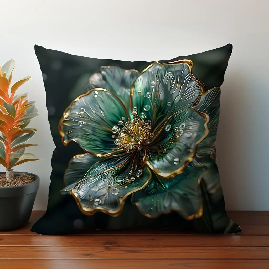 Smaragdgrüner Goldener Blumen-Kissenbezug Luxuriöser Kristalldruck Eleganter Botanischer Kissenbezug für Sofa Bett Couch Glamouröses Modernes Zuhause
