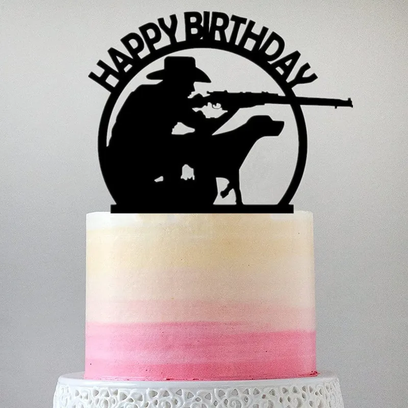 Gun Theme Happy Birthday Cake Topper Hunter With Gun With His Hunting Dog  Birthday Cake Topper for Boy\'s Men\'