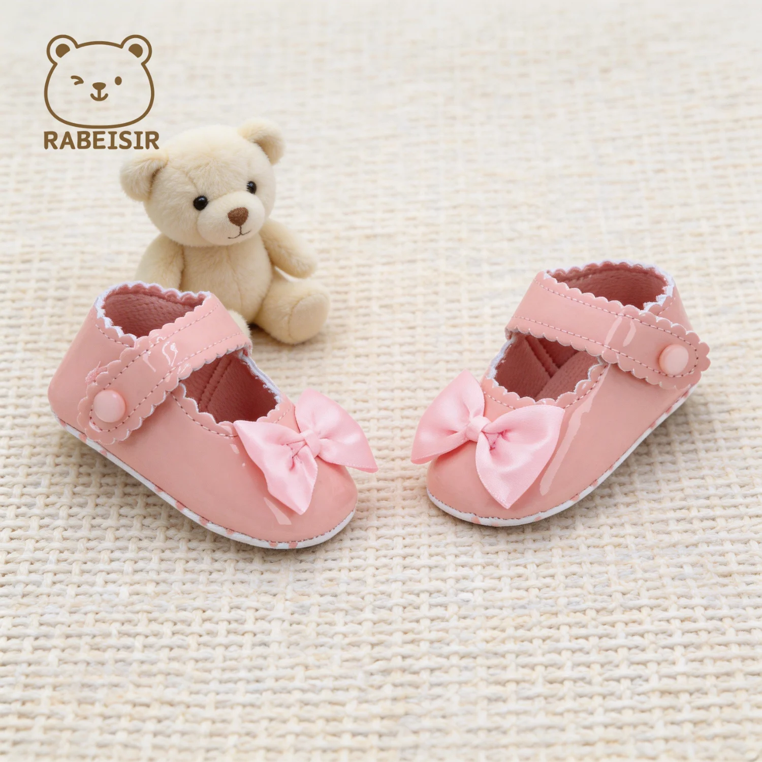 Pink Princess Style Wavy Lace Design With Bowknot Glossy Soft Sole Infant First Walker Shoes