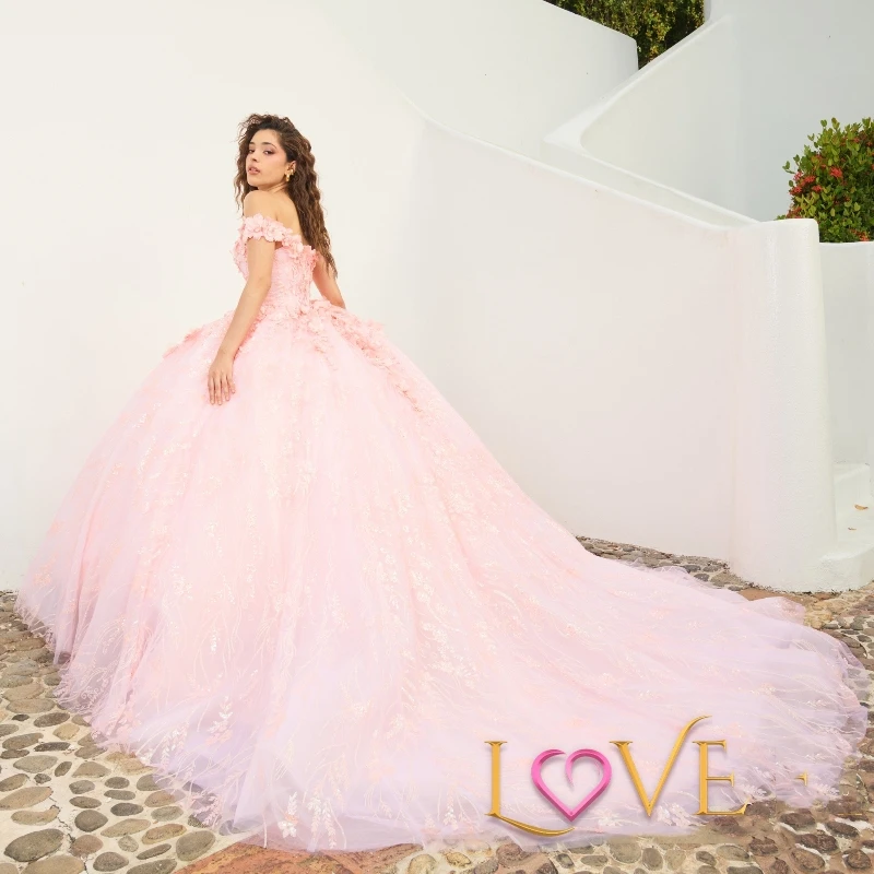 Shiny Pink Quinceanera Dress Ball Gown Off The Shoulder Lace Applique Beaded Crystal Tull Corset Sweet 16 Vestido De 15 Anos