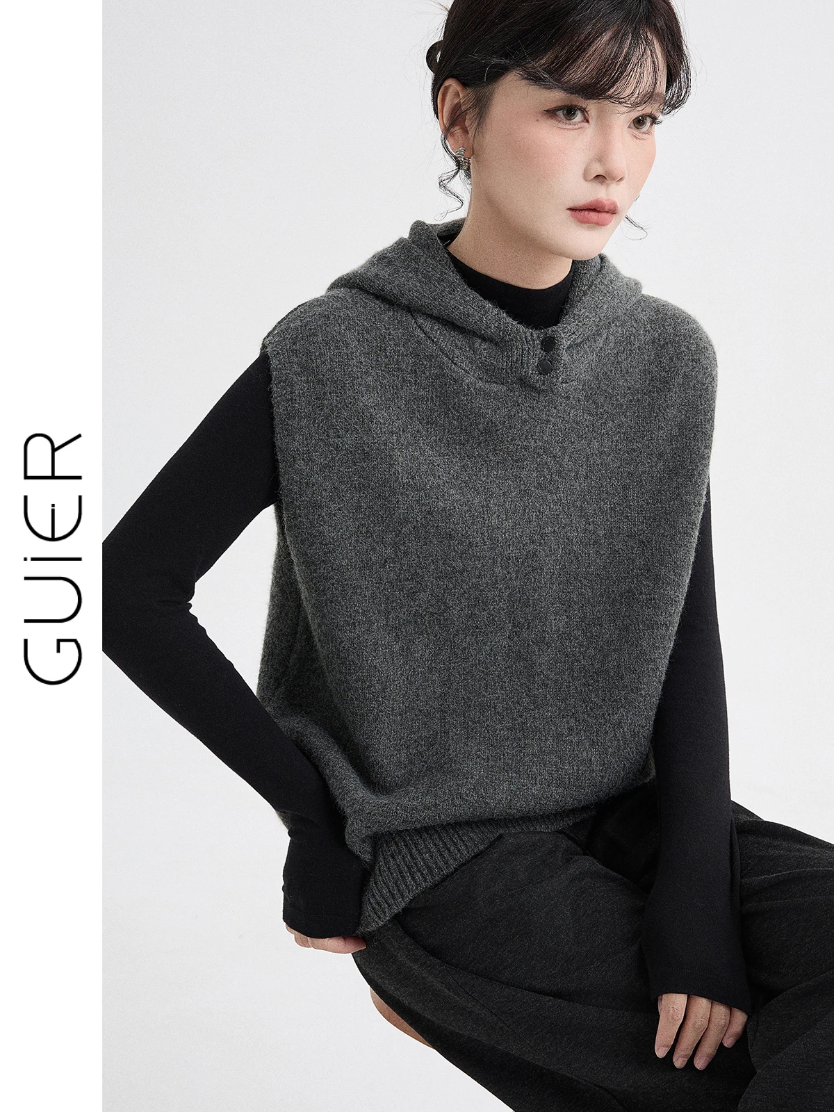 

Женский вязаный жилет с капюшоном Guier, винтажный стиль, новая коллекция Весна 2026, для многослойных образов, повседневный, свободный крой