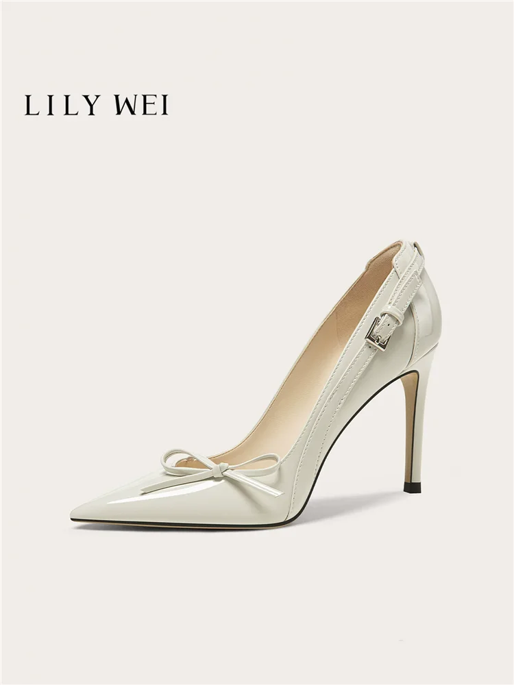 Spring pointed patent leather buckle bow single shoe banquet large size small size widened version slim high-heeled women's shoe
