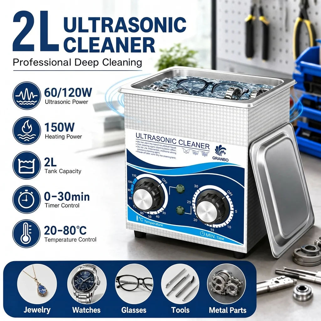 Granbo 2L Ultraschallreiniger 40kHz 60W Dual Power mit Timer und Heizung für den Heimgebrauch, Uhrenteile und Laborwerkzeuge