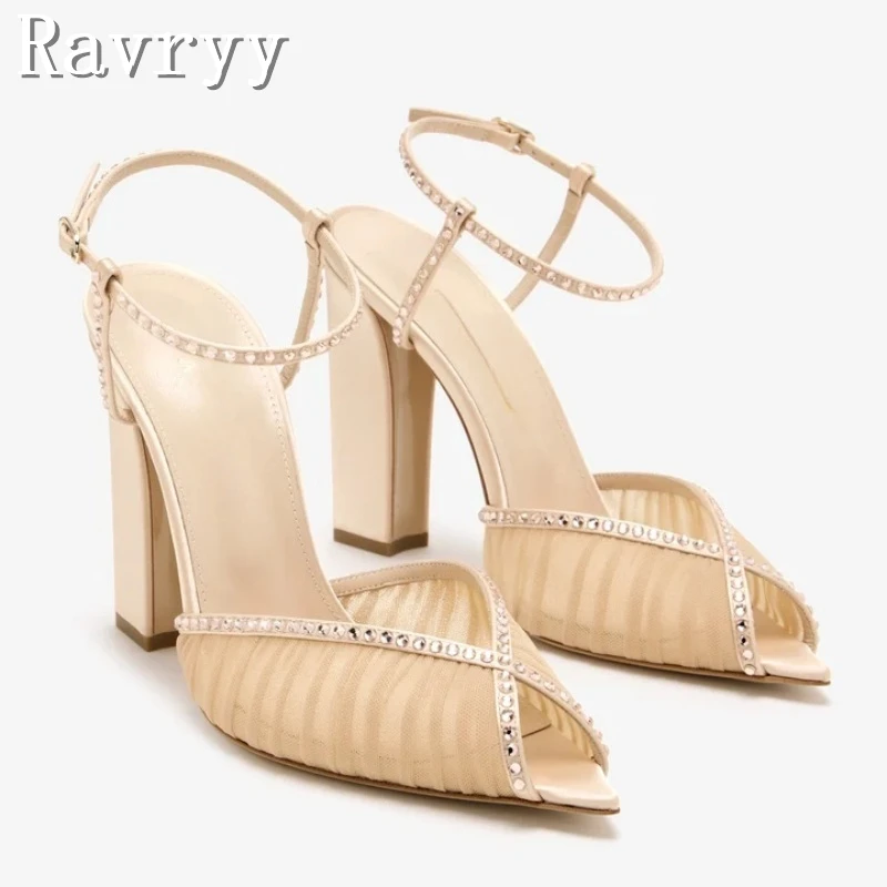 

Bling Rhinestones Lace Mesh Women Sandals Brand New Pointed Open Toe Thick High Heels Elegant Lady Party Dress Shoes