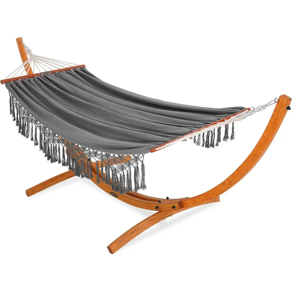 2 Person Cotton Fabric Hammock with Spreader Bars and 10.5 ft Wood Arc Hammock Stand, Double Hammock with Wood Stand, Outdoor, I