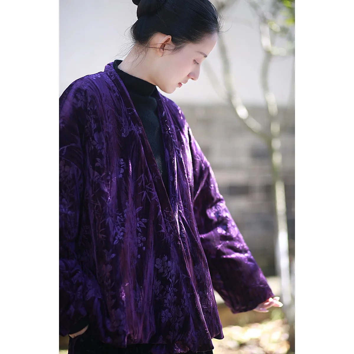 Autumn Winter Coats for Women Velvet Vintage Print Drawstring Quilted Cardigan Design Jacquard Jacket Purple Loose Cotton Coat