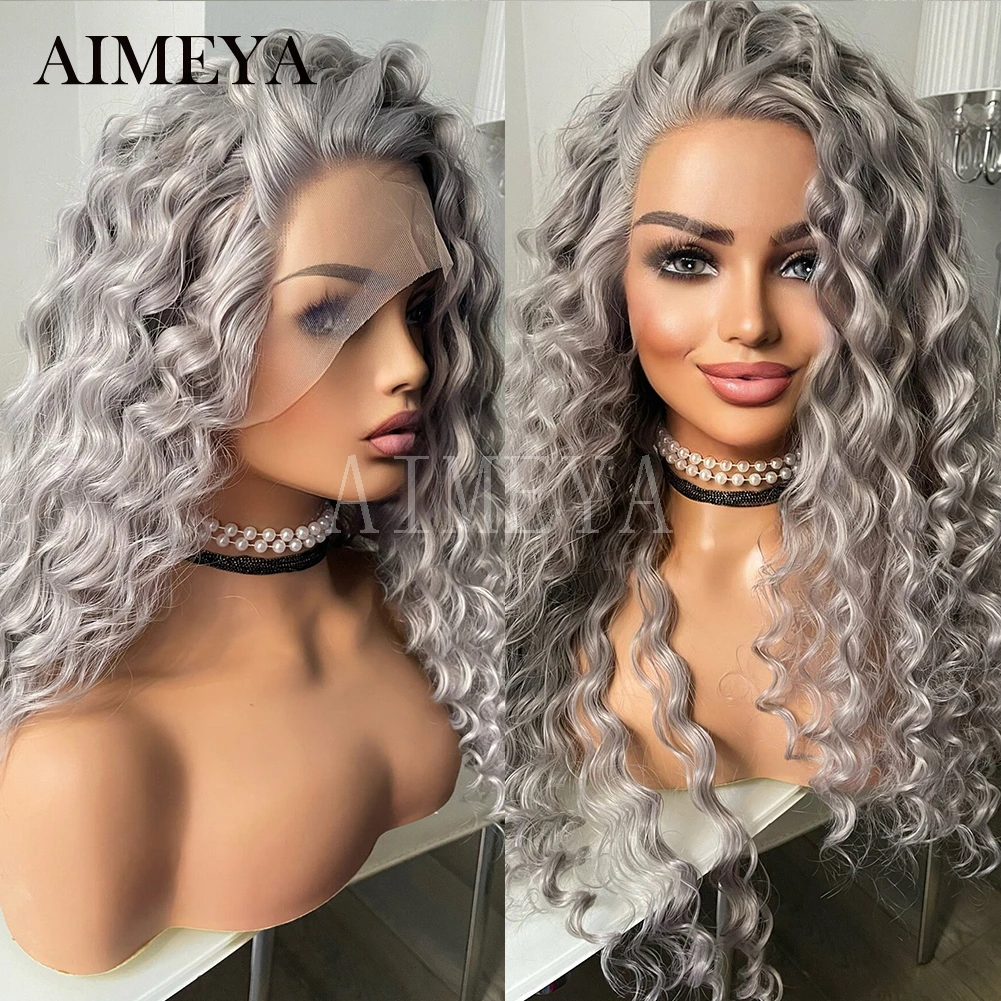 AIMEYA Loose Curly Wigs for Black Women Curly Synthetic Hair Lace Wig Free Part Cosplay Grey Wig Heat Resistant Lace Front Wigs