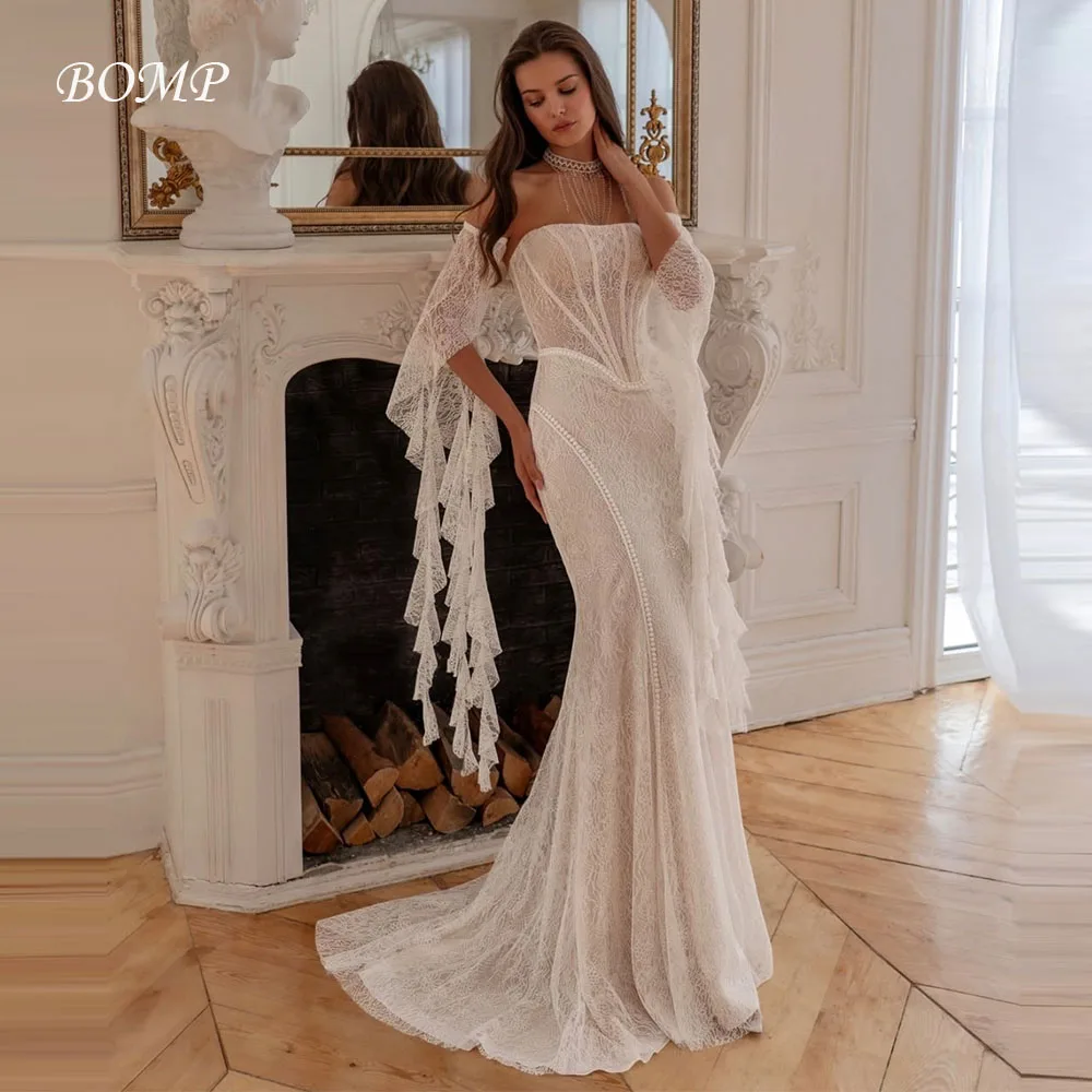 ชุดแต่งงานวินเทจทรงเมอร์เมด BOMP แบบสั่งตัด แขนถอดได้ ผ้าลูกไม้ พร้อมชายกระโปรงยาวแบบ Sweep Train และโครงรัดตัว