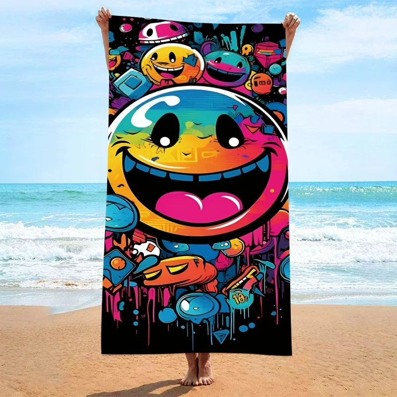 Newest Beach Towel Graffiti Rainbow Smiley Face Cartoon Print Beach Towel Street Style Soft Quick Dry Swimming Towel