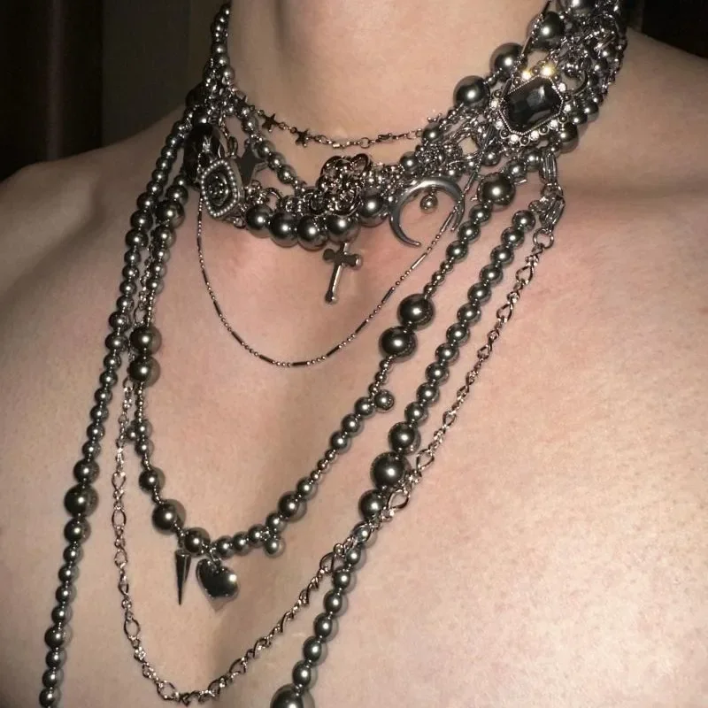 Disordered Silver Pearl Long Necklace Heavy-duty Titanium Steel Choker