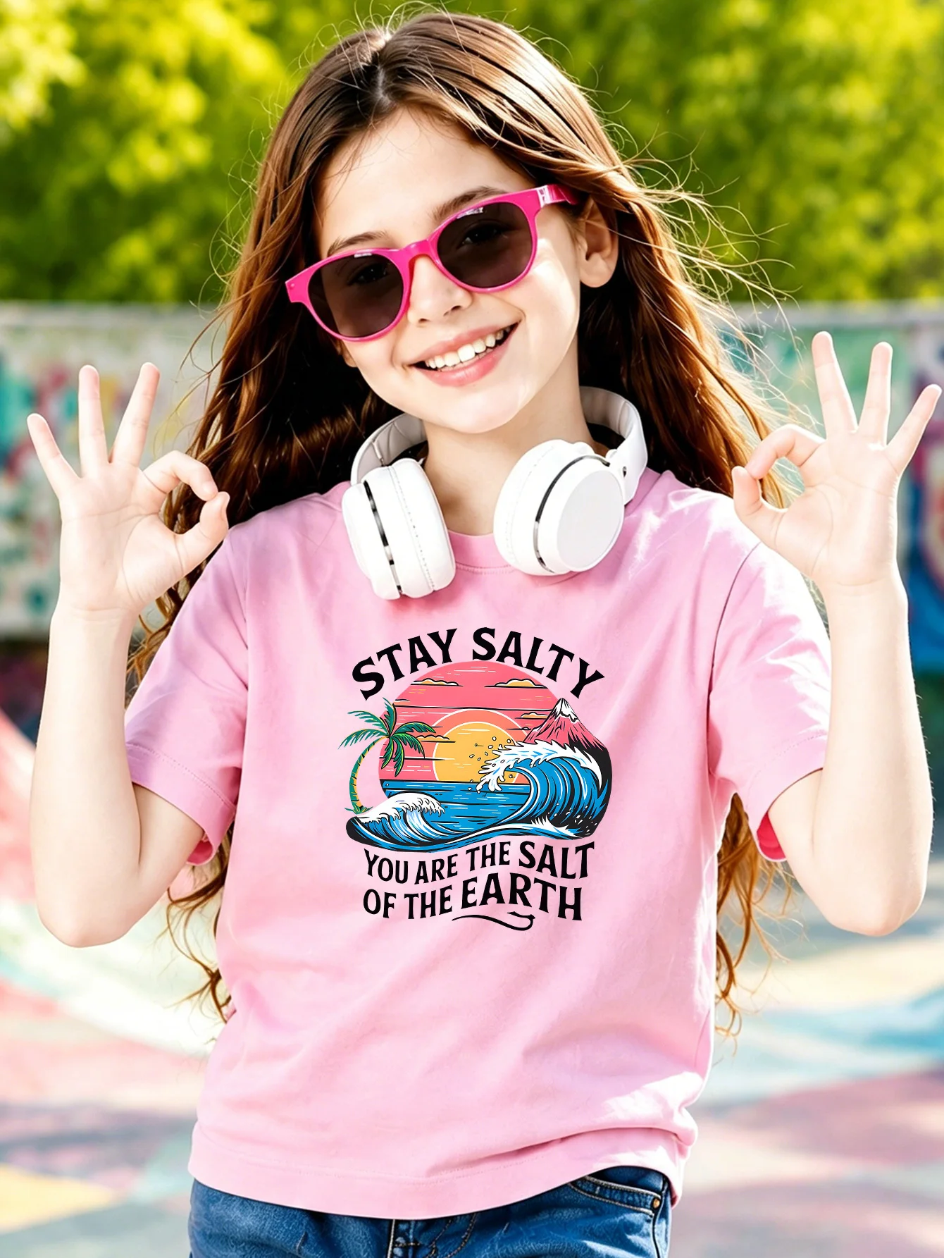 Retro Ocean Wave Sunset Coconut Tree Slogan Print Kid T Shirt Boys Girls Cotton Short Sleeve Parent Child Beach Casual Basic Tee