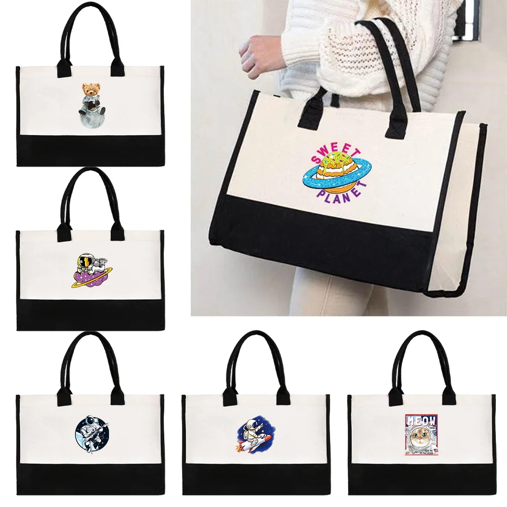 

Tote Jute Bag Fashion Canvas Portable Beach Bag Shopping Casual Waterproof Large Capacity Handbag Astronaut Print Series