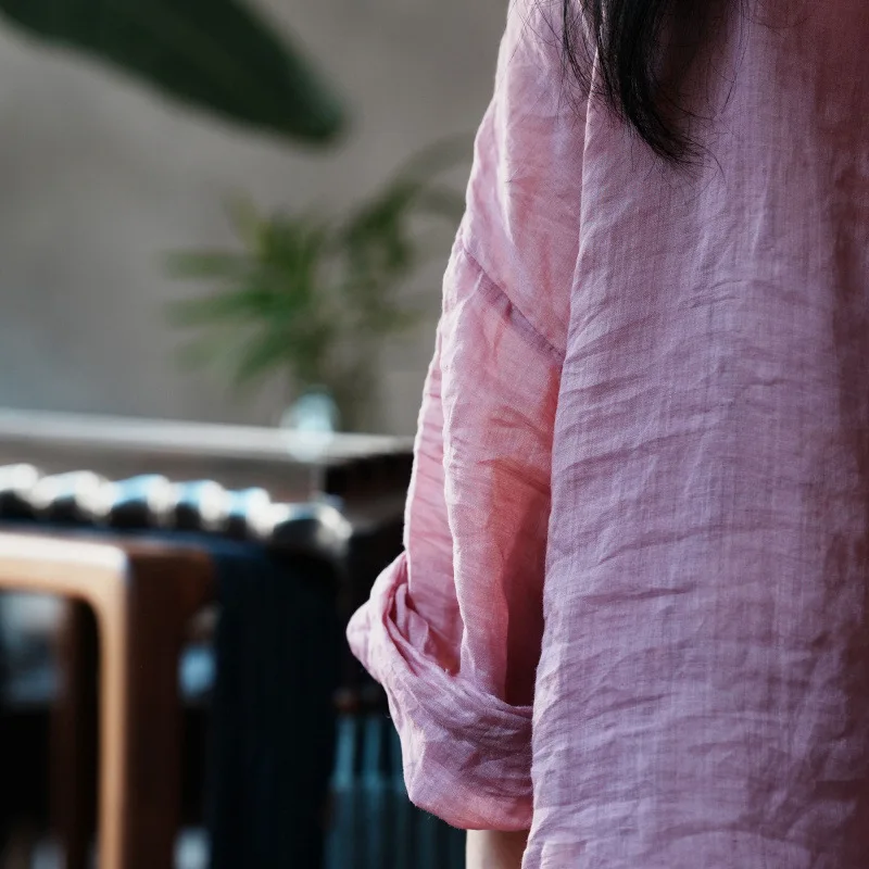 100% Ramie Women Long Sleeve Casual T‑Shirts, 2026 Summer New Arrival Vintage Patchwork Color Loose Female Tops Tees