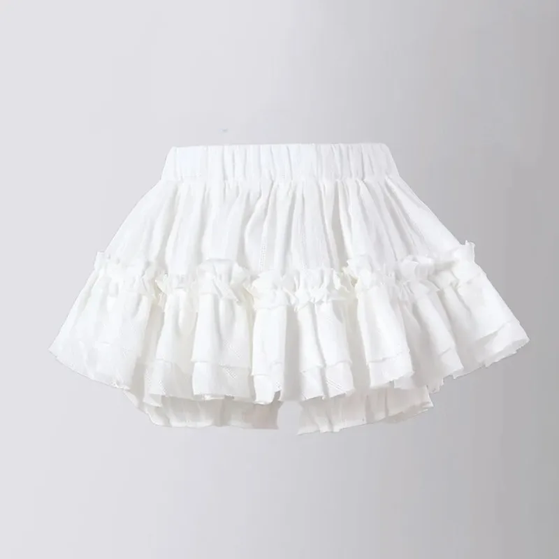 Sweet Ruffles White Skirt for Girls Summer 2024 New Bows Ballet Style High Waist Thin Short Skirt 2 To 13 Years Kids Dance Tutu