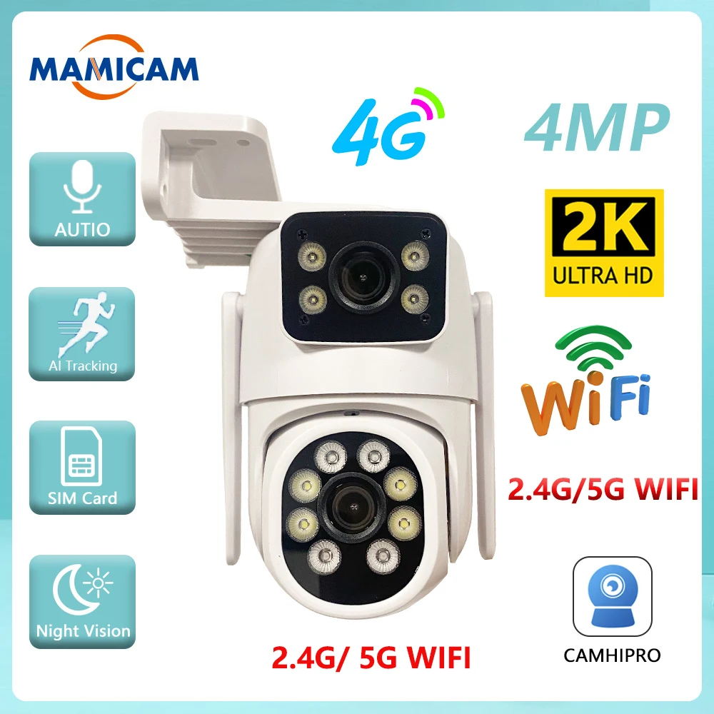 4MP WIFI IP Camera 3G 4G SIM Card PTZ 4MP Video Surveillance Cameras Outdoor Dual Lens ZOOM Alarm Color Night Camhipro App