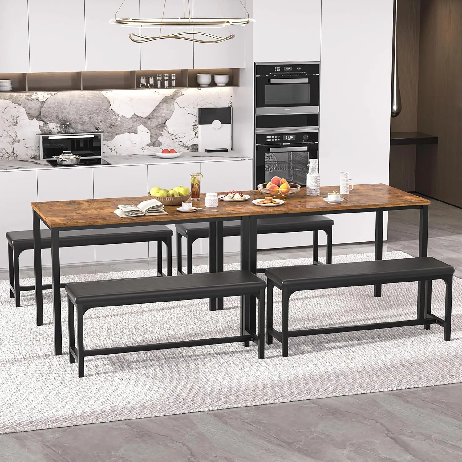 Vecelo-Mesa de cozinha extensível com bancos e cadeiras, Conjunto de sala de jantar, Pequeno, Moderno, Pequeno-almoço, 4 6 2, 63 in, 3 PCs