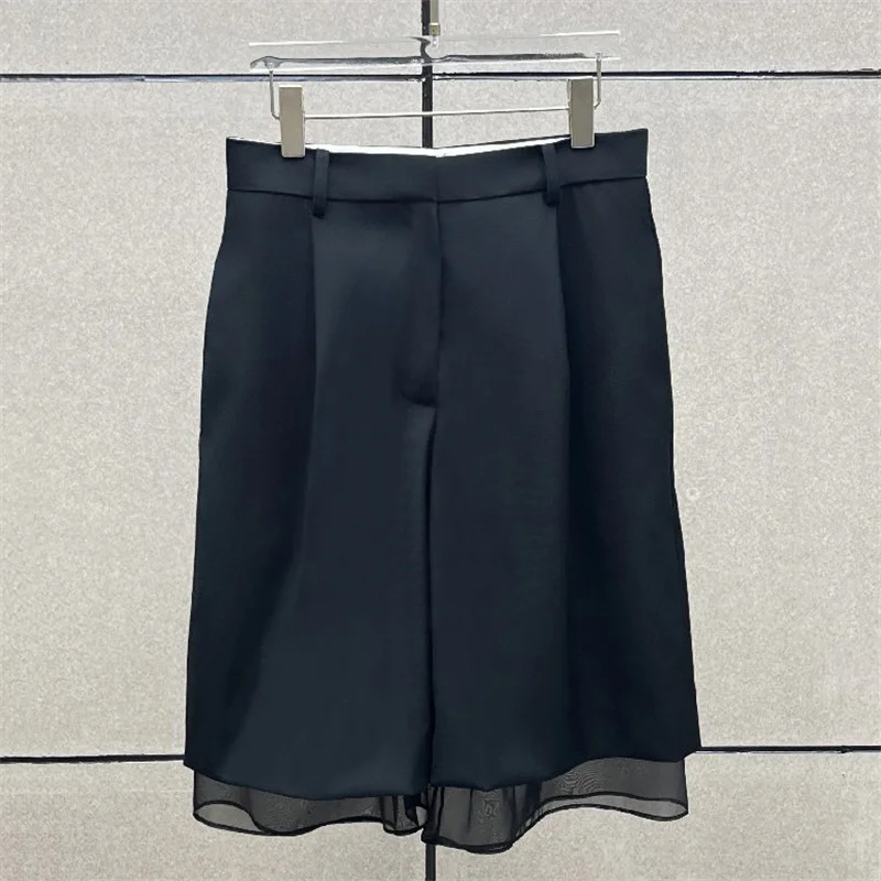 women's shorts New winter 2026 high waisted slim fit straight leg pants Mesh patchwork knee length shorts casual black shorts