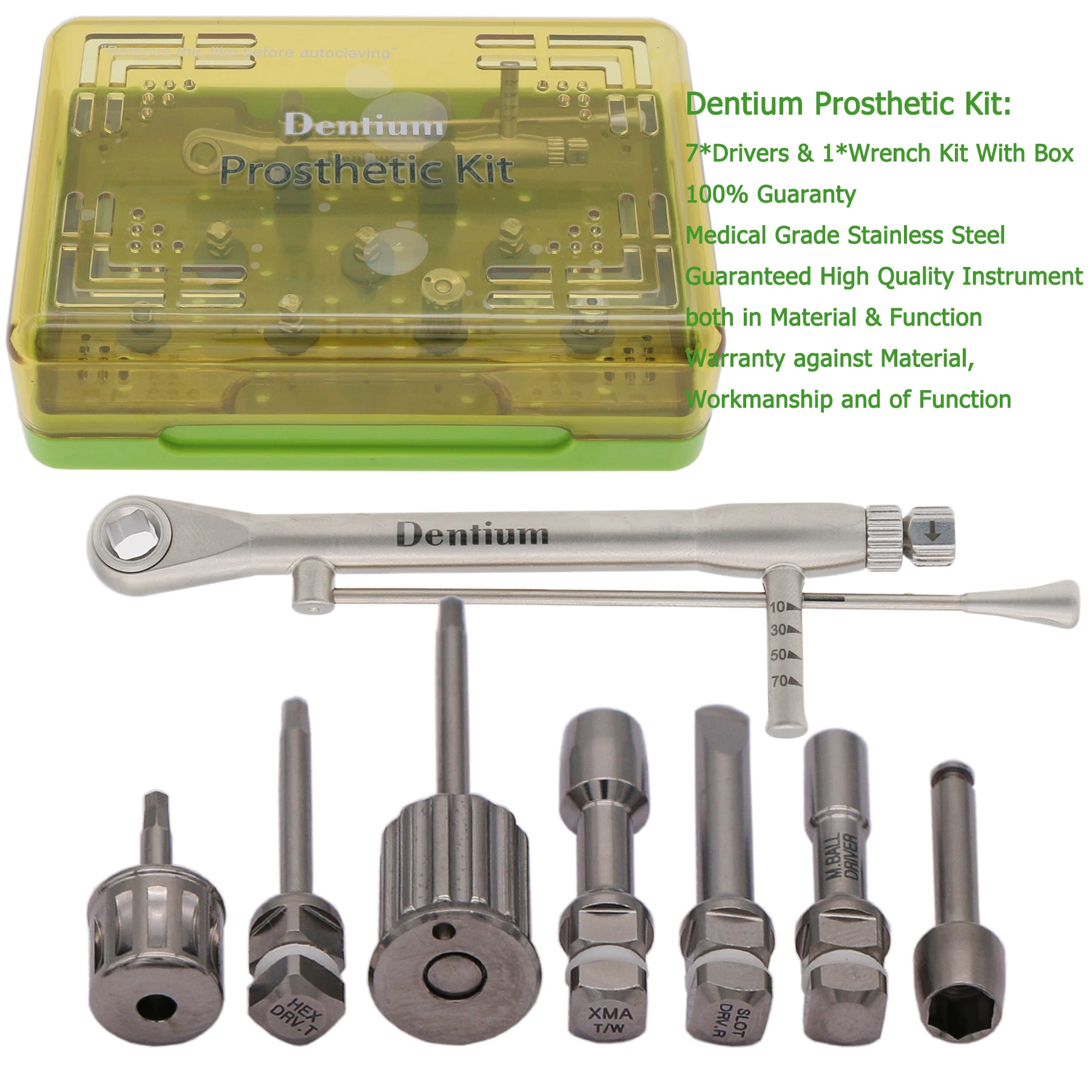 

Dentium Prosthetic Kit Dental Implant Torque Wrench 7 Screwdrivers Screw Hand Hex Drivers With Box Holder