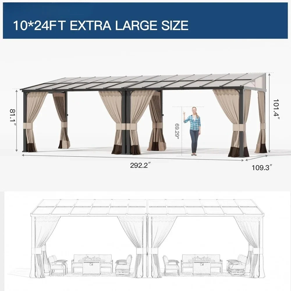 10' X 24' Hardtop Gazebo, Gazebo Pergola with Sloping Polycarbonate Pitched Roof, Durable Aluminum Frame & Netting Curtain