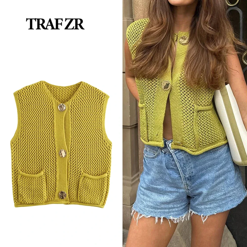 

F ZR Vacation Elegant O-NECK Knitted Top Front Pockets Vintage Crochet Tank Top Women Y2k Chuncy Yarn Cardigan Gold Buttons