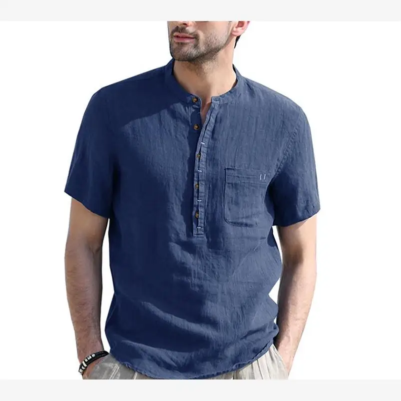 Camisa Masculina de Manga Curta em Algodão e Linho com Gola Henley, Estilo Urbano Moderno, Tecido Fino de Verão com Detalhe de Botões