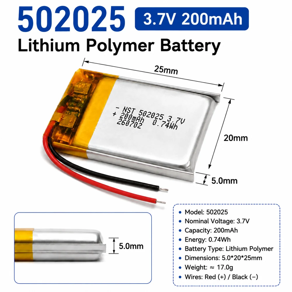 502025 3.7V 200mAh Polymer Lithium LiPo Rechargeable Battery for Bluetooth Headset Beauty Instrument Selfie Stick Spray Battery