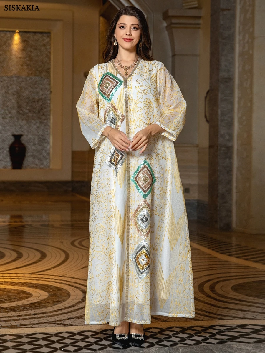 Siskakia Dubai Evening Party Gold Mesh Embroidery Sequins Long Sleeve V-Neck Casual Abaya Fashion Chic Saudi Women Kaftan