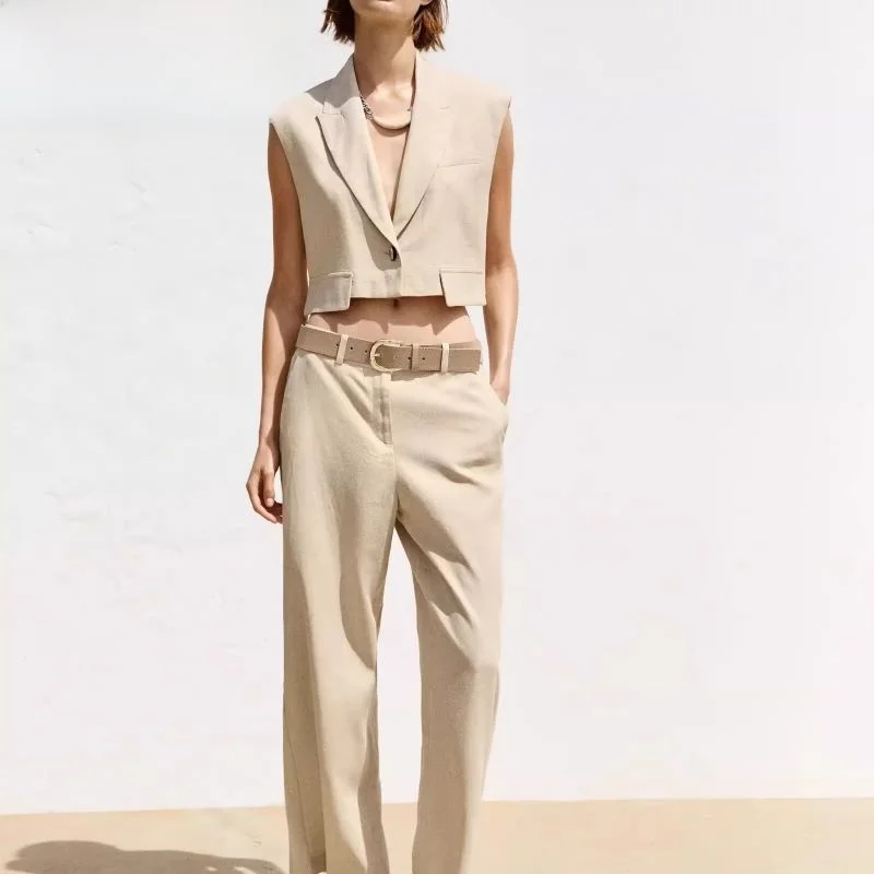 

2025 Women's Linen Blend Collared ort Vest 2406998 with Belted Wide Leg Pants 3584998 Commute Sle Summer Season Pure Color