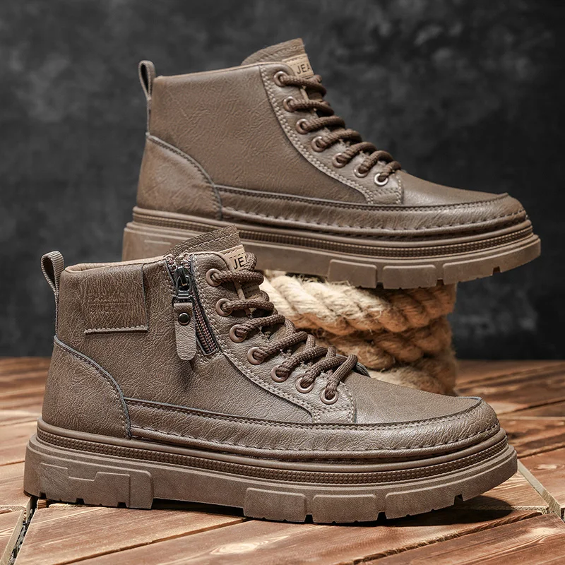 Fashion Casual Shoes for Men Outdoor Leather Board Shoes Comfortable Platform Ankle Short Boots Slip on Male Walking Sneakers