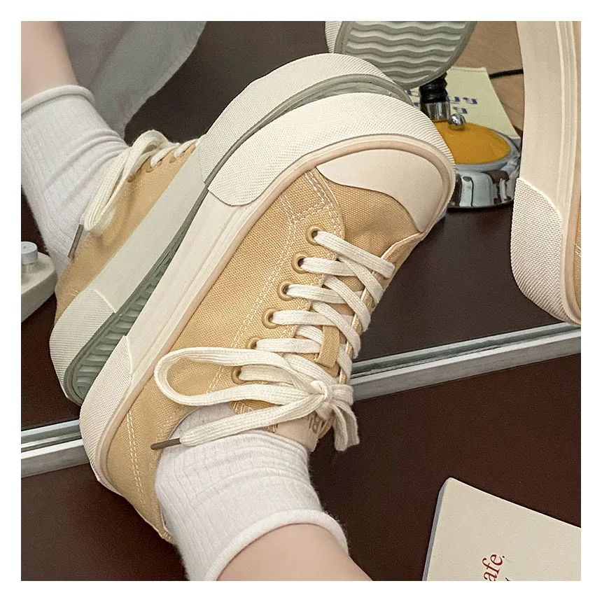 2024 Summer Quality Women Thick Sole Canvas Shoes Wide Toe Female Flat Sneakers Lace Up Students Solid Casual Shoes Tennis Shoes