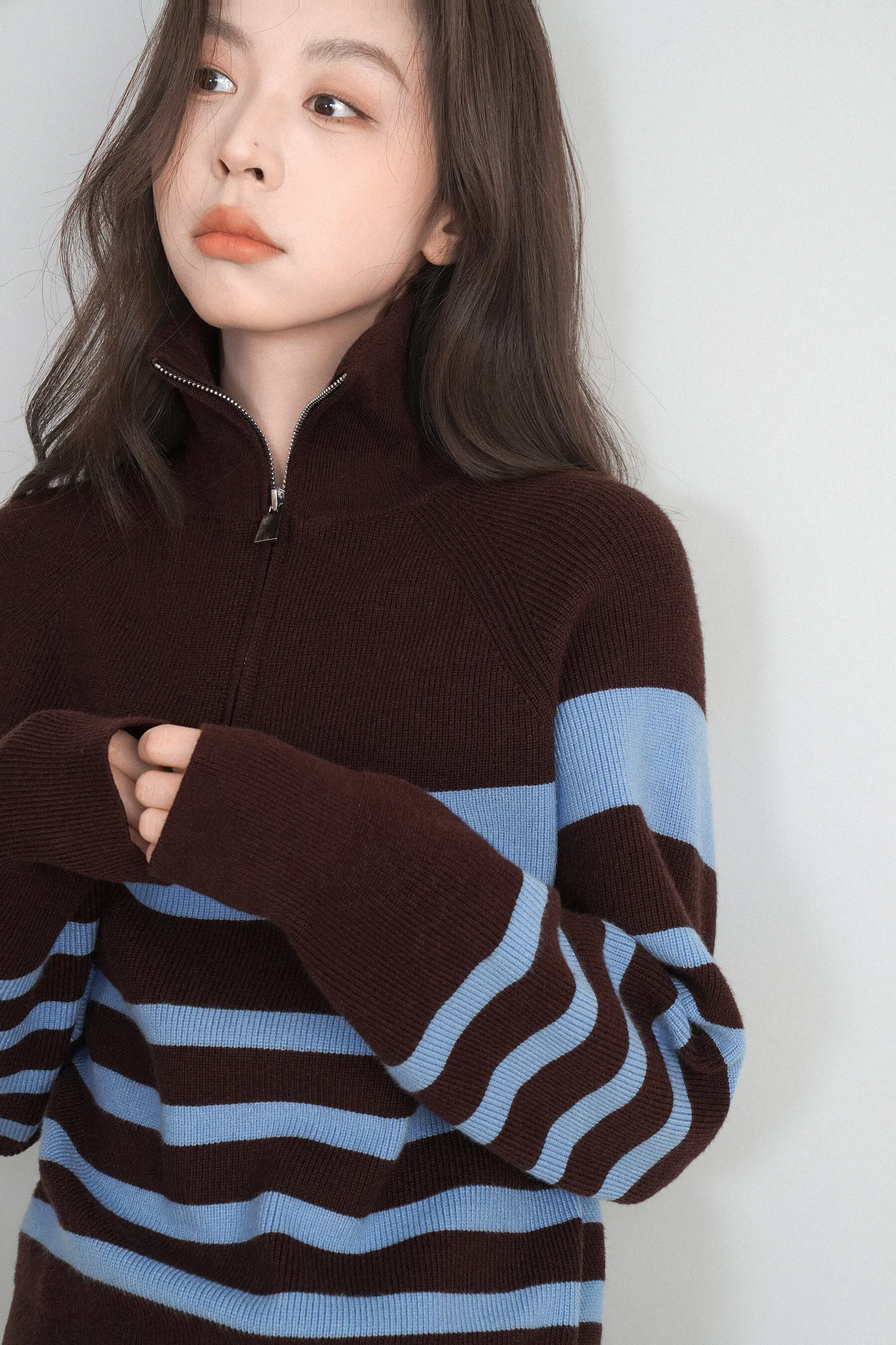 Striped cashmere sweater women's autumn semi-zipper lapel long-sleeved top lazy high-grade sweater