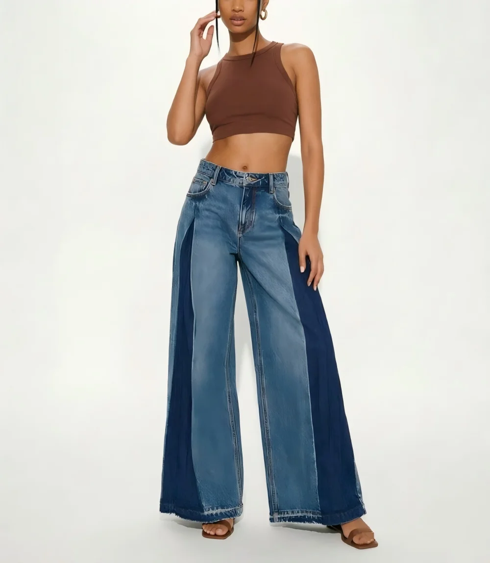 Women Color Block Wide Leg Jeans High Waist Loose Stretch Denim Trousers Casual Streetwear Female Fashion Hot Selling Pants