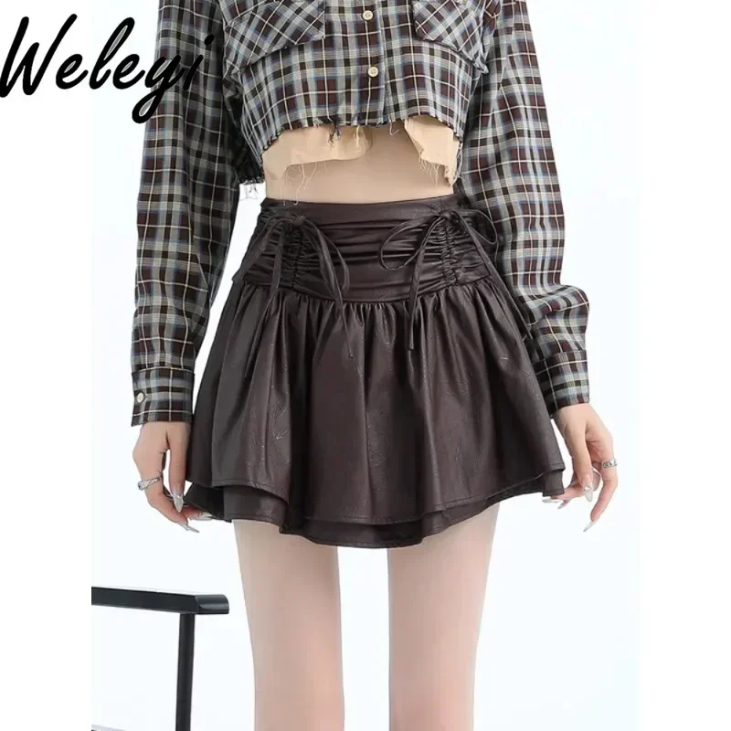 Hot Girl Elastic Waist Pleated Strap-up Bow PU Leather Skirt 2024 Autumn New Women's High Waist A-line Ruffle Edge Short Skirts