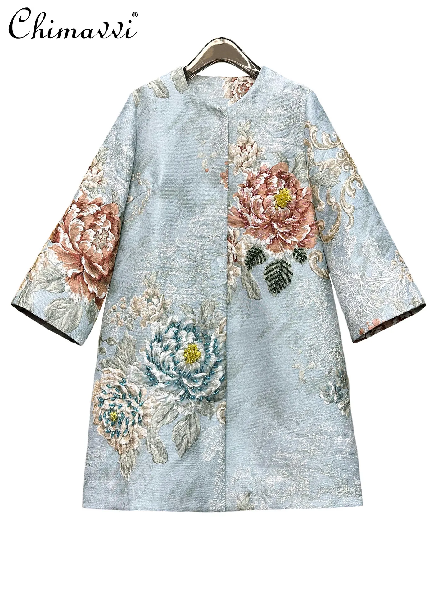 

Весенний женский тренчкот премиум-класса с жаккардовым узором, тяжелой вышивкой бисером, круглым вырезом, рукавом три четверти, свободного кроя, винтажный стиль