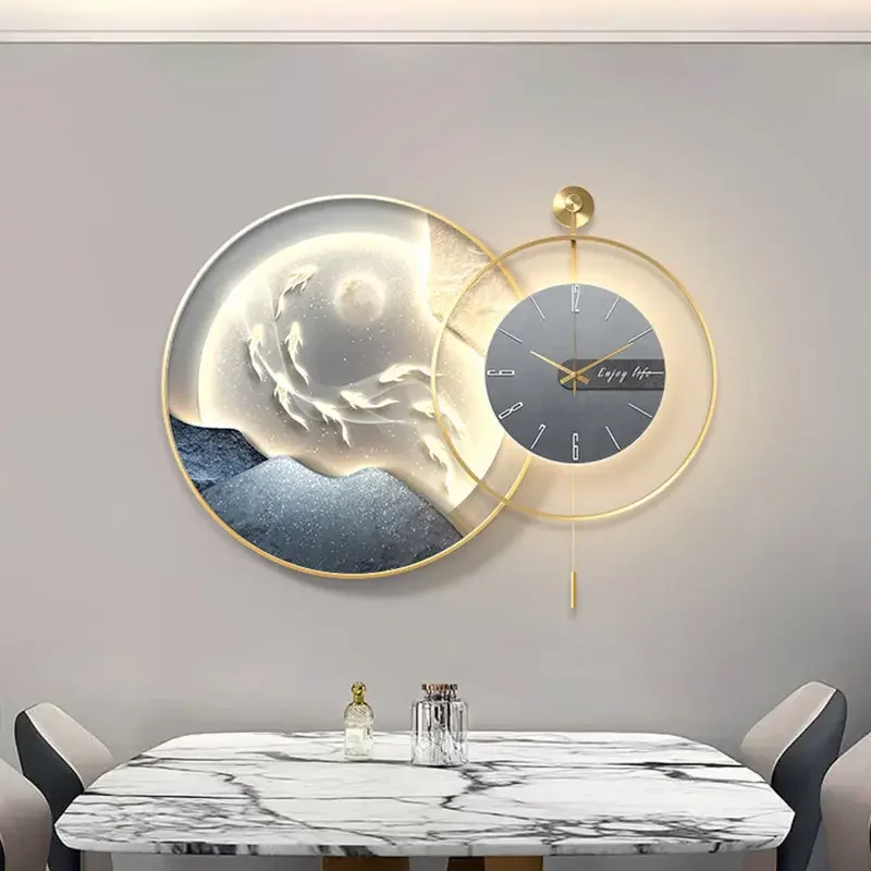 Modern Luxury Restaurant Decoration Simplicity Living Room Nine Fish Chart Clock