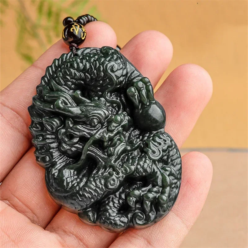 Mai Chuang/ Natural Hetian Cyan Jade Dragon Playing with Beads Necklace Pendant Hand-carved Men and Women Fine Jewelry Gifts