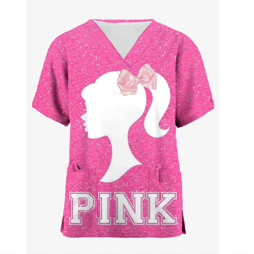 

Barbie Print Uniform Carer Working Short Sleeve Tops Women T-shirt Nursing Medical Blouse Clinic Hospital Workwear Healthcar