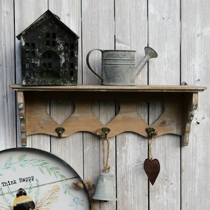 Vintage Farm Decorative Wood Wall Floating Shelf with 3 Hooks