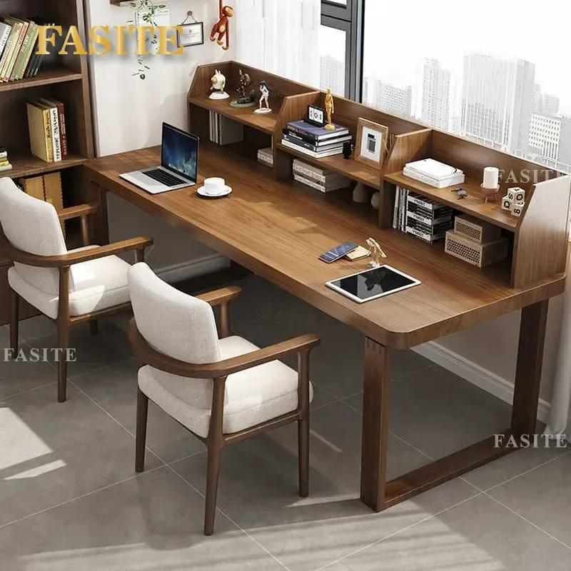 For Solid Wood Desk Bookshelf Integrated Writing Table Long Computer Desk Simple Wall Mounted for Living Room Bedroom Student