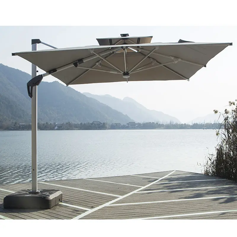 Large Cantilever Umbrella Outdoor Garden Parasol Aluminum Frame with Solar LED Light for Patio Courtyard Backyard
