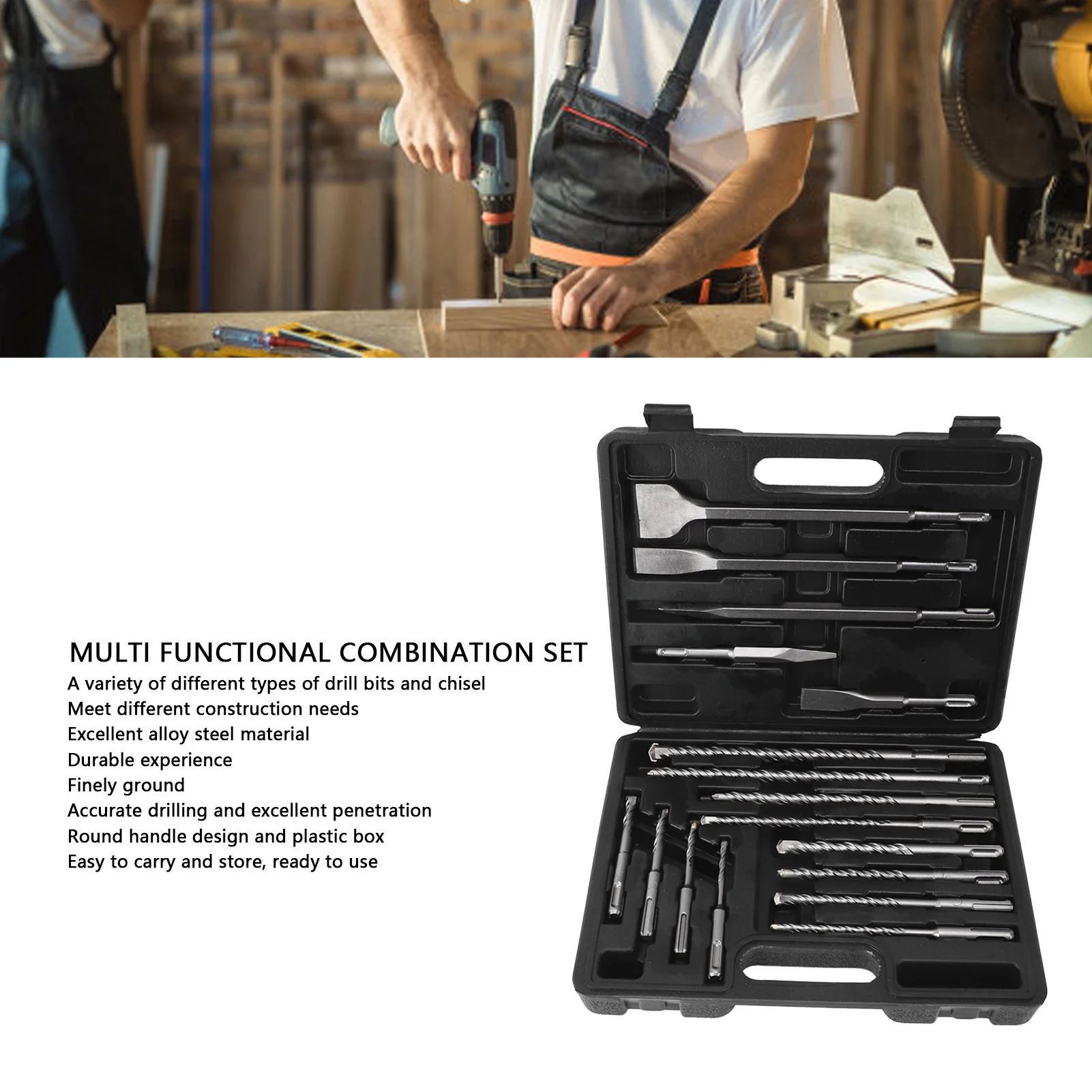 

17 шт., ударная дрель, долото, комбинированный набор, электрический перфоратор, детали для бетонной плитки с коробкой