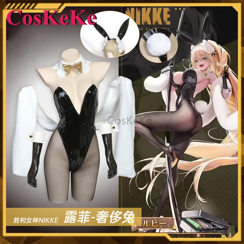 CosKeKe Luxury Rabbit Ruffie Cosplay Game NIKKE Costume Sexy Bunny Girl Patent Leather Jumpsuit Uniform Party Role Play Clothing